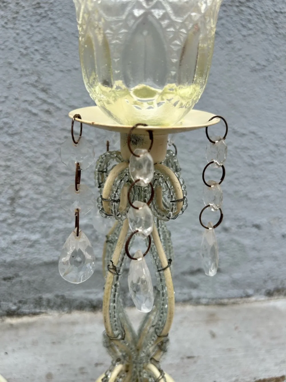 Vintage Pair Crystal Prism Candle Holders Pressed Glass Votive Cups Shabby Chic